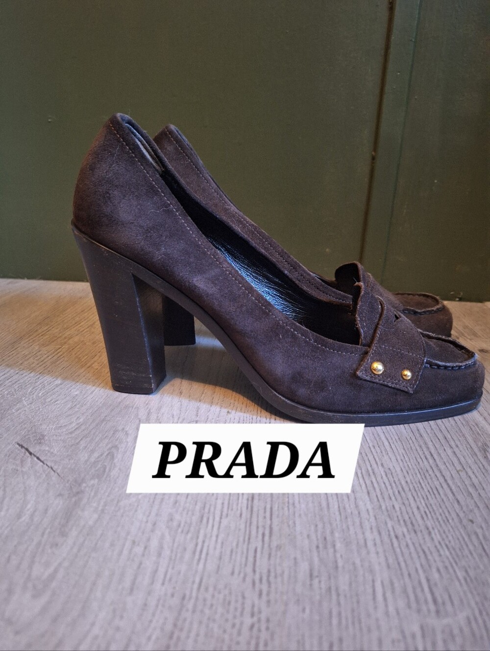 Prada Brown Suede Block Heel Loafers